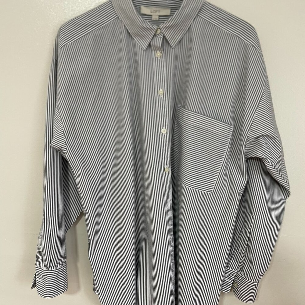 LOFT Oversized Striped Button-Down Shirt XL Soft Cotton Modal Coastal Chic